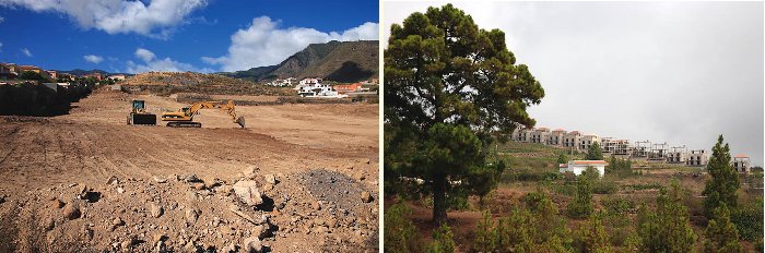 Izquierda: Urbanización de antiguas terrazas de cultivo en las medianías de Candelaria. Derecha: Construcción de adosados cerca del pinar en La Escalona, Tenerife.
