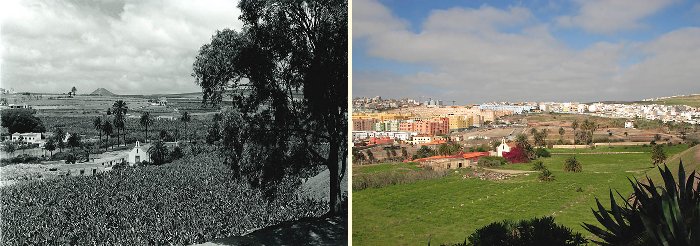Los cambios en el paisaje rural de la etapa reciente suponen mucho más que una sustitución de las modas o las técnicas constructivas: ponen de manifiesto, en realidad, una auténtica mutación civilizatoria. Finca de La Mayordomía, Tamaraceite, Gran Canaria (foto de la izquierda: Francisco Rojas Fariña).
