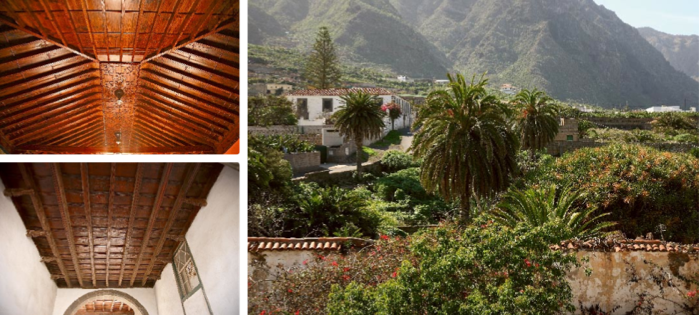 Izquierda: Artesonados de dos haciendas del norte de Tenerife. Derecha: En primer plano, el jardín abandonado de la hacienda de los marqueses de la Florida. al fondo, la hacienda de San Juan de Taco, Buenavista, Tenerife. Página derecha: Fachadas norte y sur de la Finca Mac-Kay, restaurada por Tomás Machado en los años cincuenta del siglo XX. diseño de Marrero Regalado en el almanaque de 1933 del periódico Hoy.