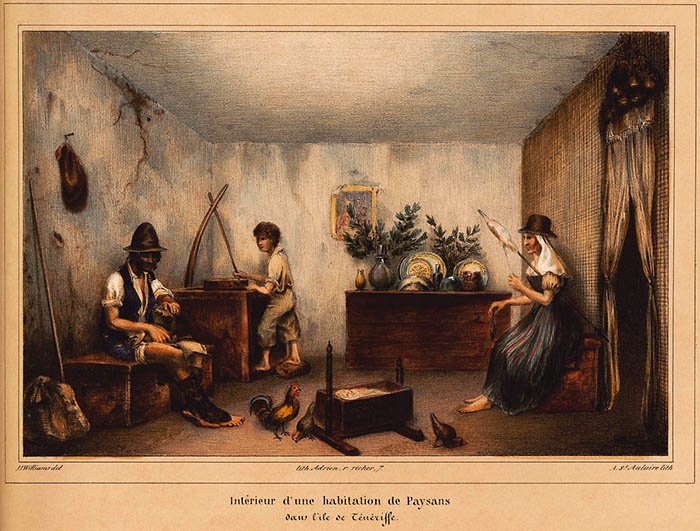 Interior de una habitación de campesinos en la isla de Tenerife. Grabado de J.J. Williams, en historia natural de las Islas Canarias, misceláneas. Sabino Berthelot y P.B. Webb, París, 1839.