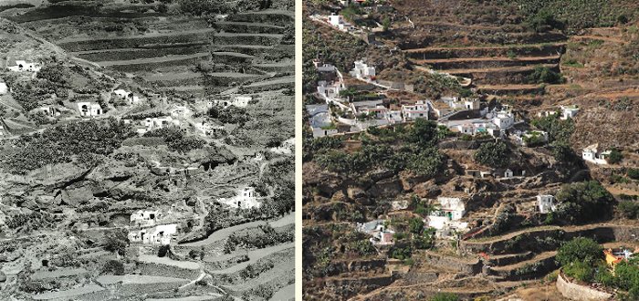 Transformación del paisaje troglodita y antropización del terreno. El Rincón, Gran Canaria (foto izquierda: Francisco Rojas Fariña).