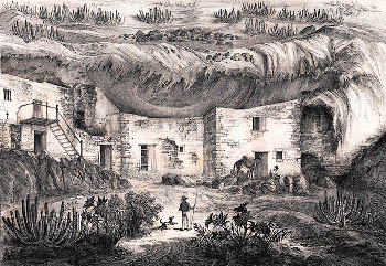 Cuevas de Yeneché según un grabado de J.J. Williams, en Historia Natural de las Islas Canarias (Misceláneas). Sabino Berthelot y P.B. Webb, París, 1839.
