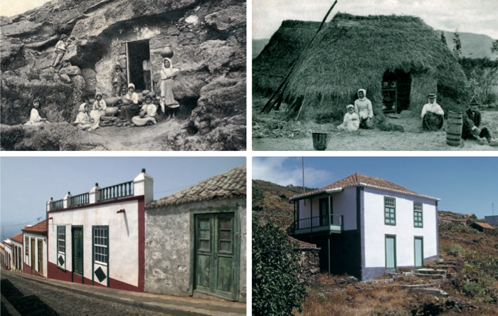 Diversas tipologías de viviendas populares. De izquierda a derecha y de arriba abajo: Casa cueva, Atalaya de Santa Brígida, Gran Canaria (foto: FEDAC); casa pajiza, Tenerife; diversas viviendas de una planta de diferentes épocas e influencias en su construcción, Garafía, La Palma; vivienda de dos plantas con una fachada donde se distribuyen los huecos de forma regular y con balcón lateral cubierto, La Palma (foto: Antonio Manuel Díaz Rodríguez).