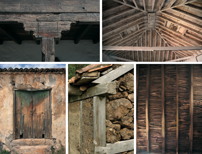 La madera y su aplicación en la construcción. De izquierda a derecha y de arriba abajo: Zapata; armaduras de par e hileras; puerta; entramado de pared y techo plano de vigas y astillas de madera.