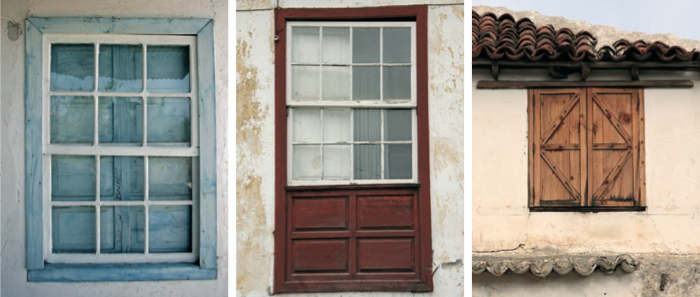 Diversas tipologías de ventanas. De izquierda a derecha y de arriba abajo: Ventana de guillotina; ventana de guillotina con cuarterones; ventana de corredera; ventanillo corredera; ventana de celosía; el resto son diversas variantes de ventanas de cuarterones.