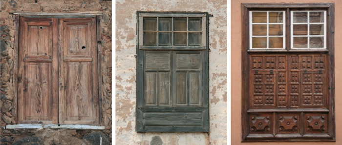 Diversas tipologías de ventanas. De izquierda a derecha y de arriba abajo: Ventana de guillotina; ventana de guillotina con cuarterones; ventana de corredera; ventanillo corredera; ventana de celosía; el resto son diversas variantes de ventanas de cuarterones.