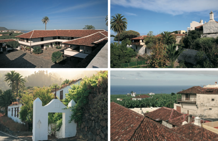 De izquierda a derecha y de arriba a abajo: La Quinta Roja, Garachico, Tenerife; Casa de la Inquisición, Icod de los Vinos, Tenerife; Casa en el pago de Las Nieves, Santa Cruz de La Palma; Vista de Tazacorte, La Palma.