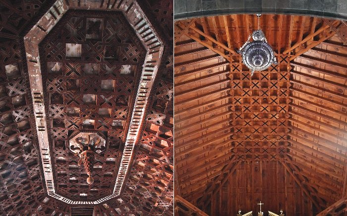 Derecha: Artesonados perteneciente a una casona de la isla baja, en el norte de Tenerife. Izquierda: Rplica de artesonados mudjares, siglo XXI.
