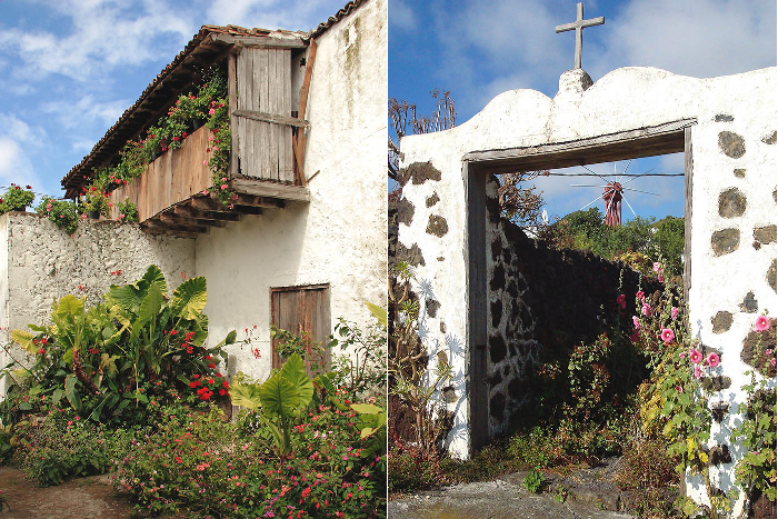 Izquierda: Patios con Xanthosoma, begonias, flores de mundo, helechos, geranios... Derecha: Portada con malvones, El Molino, Villa de Mazo, La Palma.