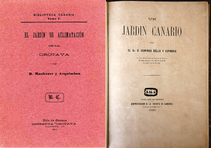 Izquierda: Portada de un artículo sobre el Jardín de Aclimatación de La Orotava de Ramón Masferrer y Arquimbau (1911). Derecha: Descripción de un jardín virtual por Domingo Bello y Espinosa (1880).
