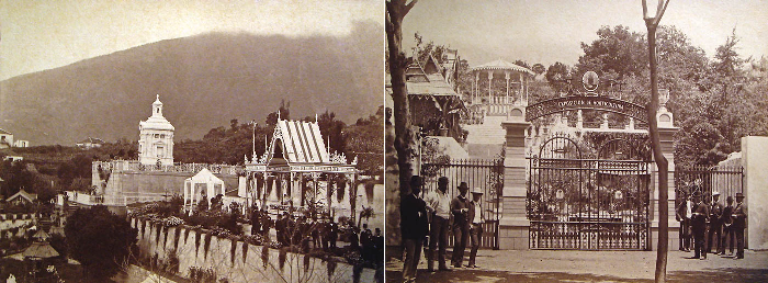 Izquierda: Carpas y Kioskos instalados en la Exposición de Horticultura, celebrada en 1888 en los Jardines Victoria de La Orotava. Derecha: Entrada principal a la exposición, plaza de la Constitución, La Orotava, Tenerife. (fotos: Archivo FEDAC).