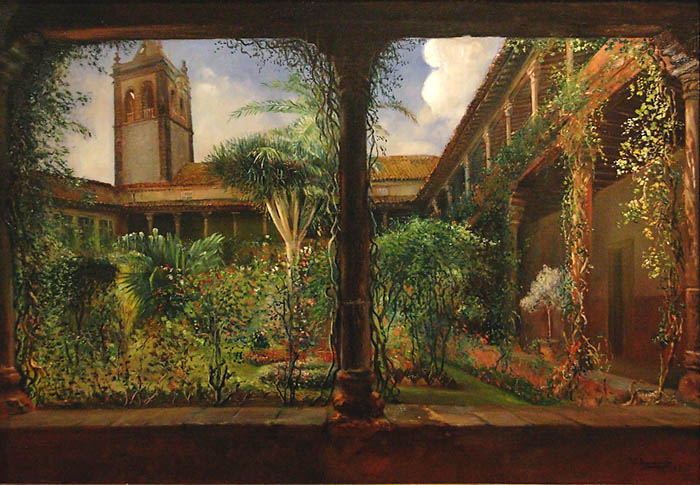 Patio del Instituto de Canarias Cabrera Pinto, antiguo claustro del convento de San Agustín en La Laguna,Tenerife (óleo de V. Izquierdo).