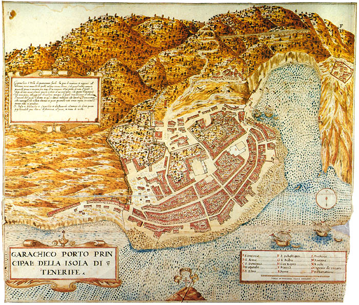 Plano de la villa de Garachico según el ingeniero cremonés Leonardo Torriani (ca. 1590) con delimitación de plazas y patios.