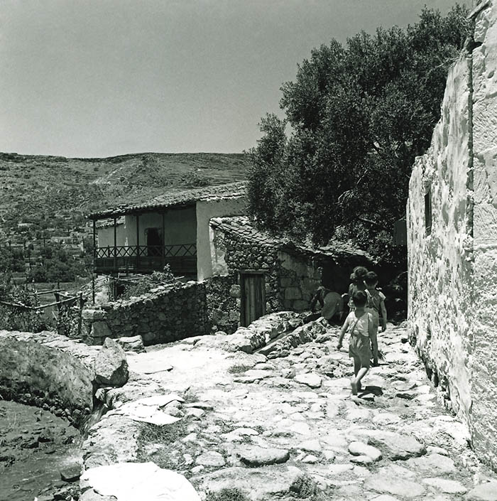 Foto: Francisco Rojas Fariña. Vivienda campesina con acequia y era cercana, al fondo la frondosa copa de un viejo olivo. Temisas, Gran Canaria.