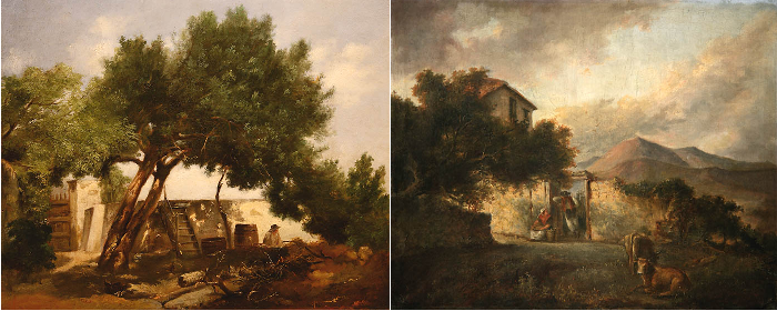 Izquierda: Patio con árboles. Cirilo Truilhé. óleo sobre cartón, 31 x 38 cm. Colección particular. Tenerife. Derecha: Escena campesina. Cirilo Truilhé, óleo sobre lienzo. Museo Municipal de Bellas Artes de Santa Cruz de Tenerife.