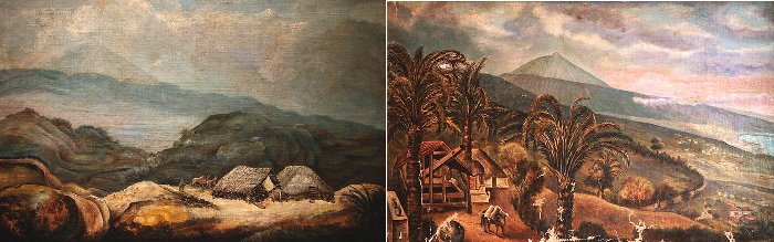 Izquierda: Paisaje de montaña con el Teide al fondo. Alejandro de Ossuna y Saviñón. óleo sobre lienzo, 40 x 60 cm. Colección particular. Tenerife. Derecha: Lagar en La Matanza. Alejandro de Ossuna y Saviñón. óleo. Colección particular. Tenerife.