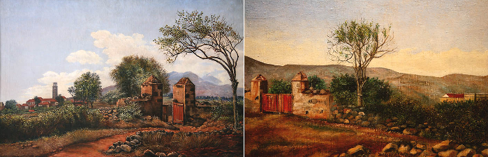 Izquierda: Portada de una finca con La Laguna al fondo. Pedro Tarquis. Derecha: Portada de una finca. Atribuido a Pedro Tarquis. Óleos sobre lienzos.