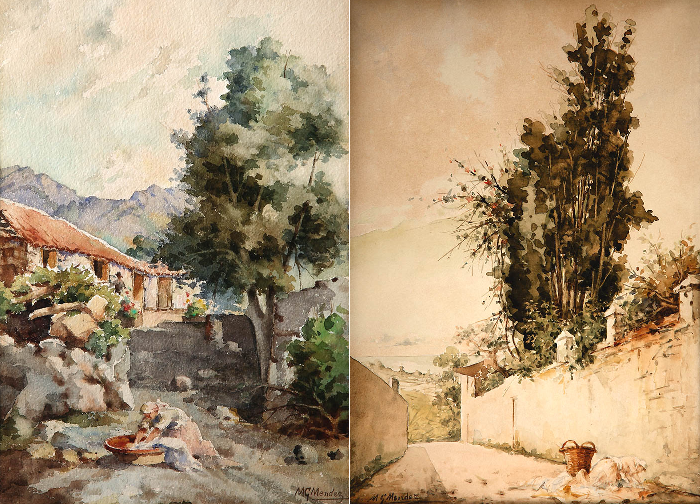 Izquierda: Casa de Campo. Derecha: Tapia de una huerta. Manuel Glz. Méndez. Acuarelas