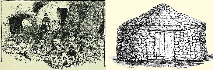 Izquierda: Habitantes de una cueva. E.H.Fitchew. Derecha: Casa de piedra seca de los antiguos canarios. R.Verneau