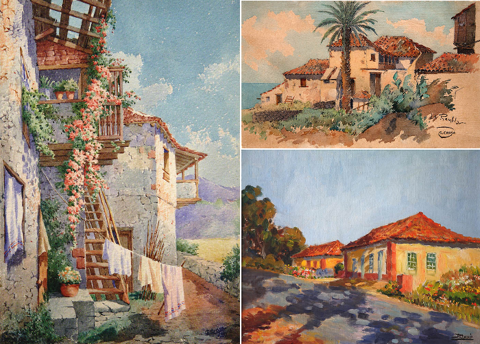 Izquierda: Casa Canaria. Diego Crosa, 1901. Acuarela. Derecha arriba: La Rambla. Diego Crosa. Acuarela. Derecha abajo: Óleo de Juan Davó