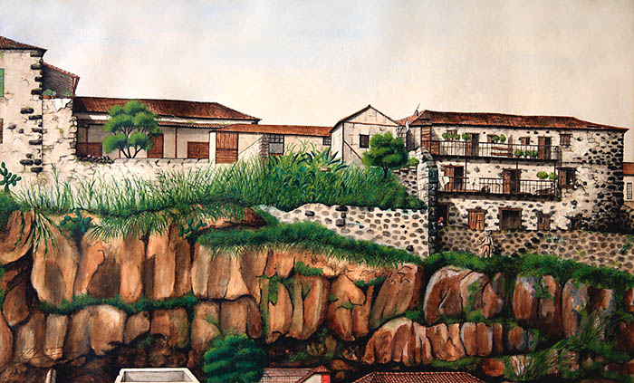 Casa sobre los riscos en Santa Cruz de La Palma. Juan Bautista Fierro van de Walle. Acuarela. Archivo General de La Palma.