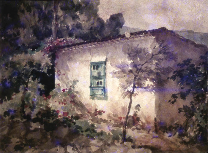 Paisaje con casa. Francisco Aguilar y Fuentes. Acuarela