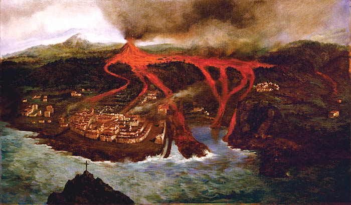 Erupción del volcán de Garachico en 1706. Copia de la pintura anterior realizada por Ubaldo Bordanova en 1898
