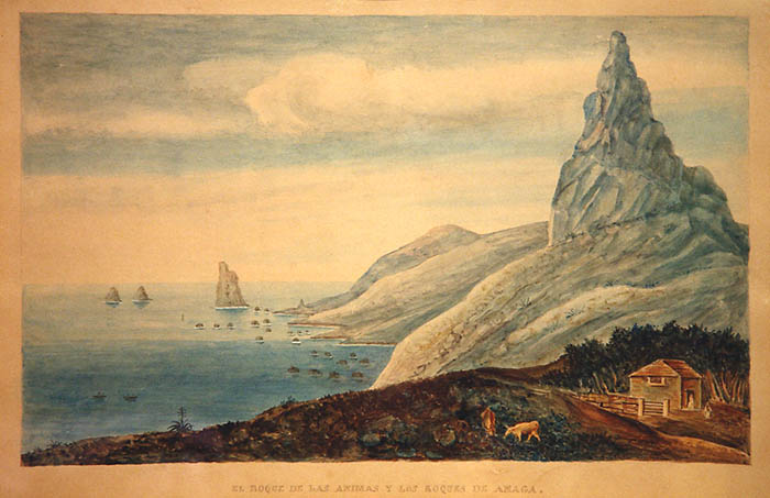 El Roque de las Ánimas y los Roques de Anaga. Acuarela de Alejandro de Ossuna y Saviñon