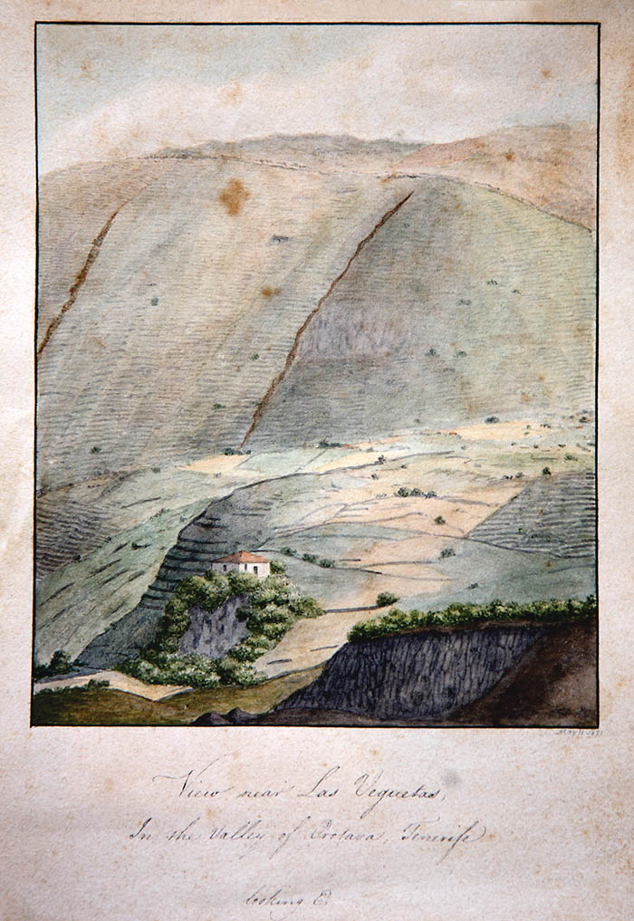 View near Las Veguetas, in the valley of Orotava, Tenerife, looking E. Alfred Diston, 1821. Acuarela. Colección particular. Tenerife.