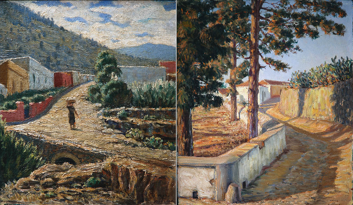Izquierda: Camino del Ortigal. Derecha: Camino de Tacoronte. Pedro de Guezala, 1949. Óleos sobre lienzo