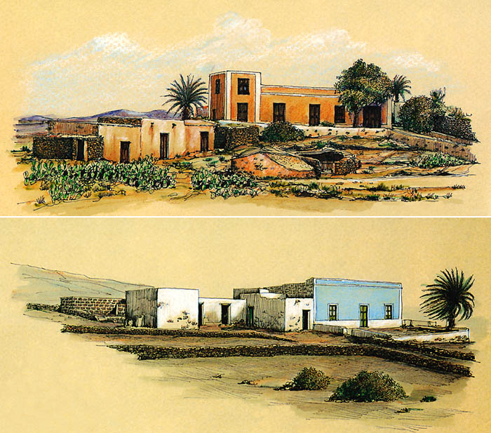 Arriba: Casona Solariega de la familia Borgues Díaz. Abajo: Tao (Teguise). Vivienda rural. Santiago Alemán en: Tesoros de la isla. Año 2000