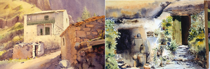 Izquierda: Casas rurales. Pablo Martín Madera. Derecha: Casa cueva. Adolfo Moreno Calvo. Acuarelas