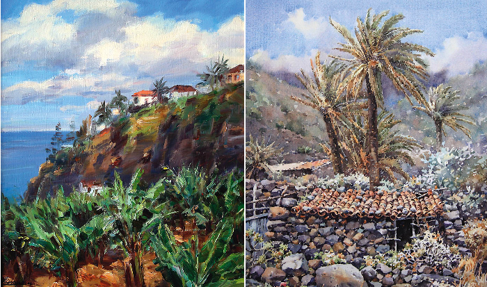 Izquierda: Plataneras en San Andrés. Francisco Concepción. Óleo sobre lienzo. Derecha: Tazo, La Gomera. Miguel Glz. Acuarela