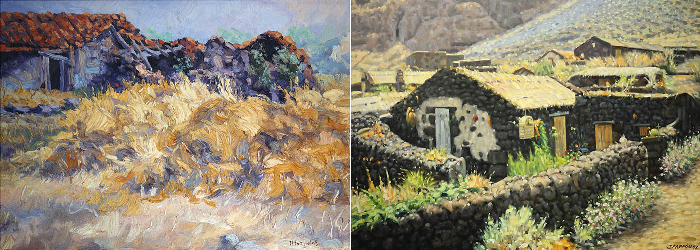 Izquierda: Caserío de Franchy. Juan Mazuelas. Óleo sobre lienzo. Derecha: Guinea. Julio Padrón. Óleo sobre lienzo.